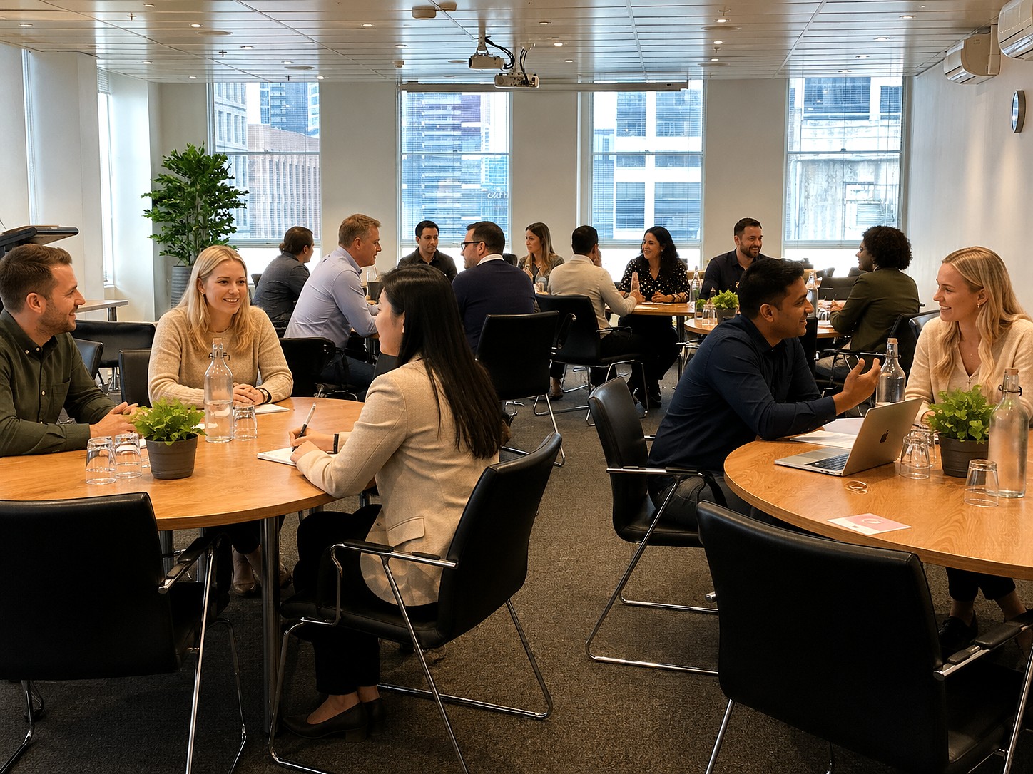 Conference room in Melbourne CBD with presentation screen and cabaret seating at Karstens